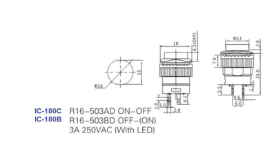 BUTTON ON-OFF R16-503AD + led 3P