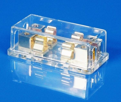 Suport siguranțe auto x2, 10x38mm, transparent. Suport siguranțe în linie pentru două siguranțe GMEG (10.3x38)mm. Rezistent la apă.